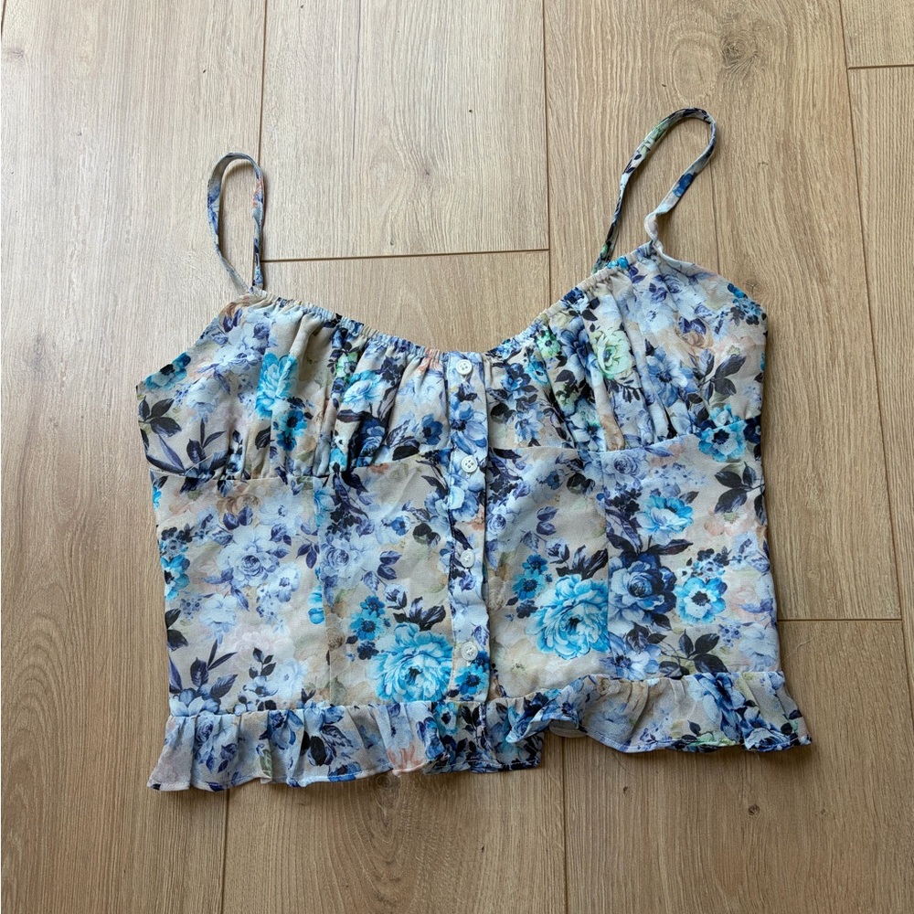 Floral Ruffle Button-Front Crop Top in Blue and Cream